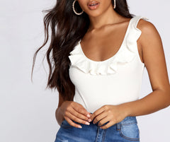 Ruffle Trim Ribbed Bodysuit