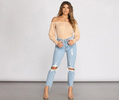 All About Knit Ribbed Off Shoulder Top