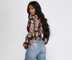 Floral Chiffon Wrap Front Blouse
