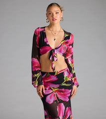 Vacay Queen Tropical Floral Mesh Tie-Front Top