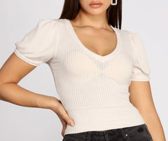 Puff Sleeve V Neck Ribbed Top