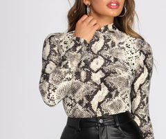 Snake Print Mock Neck Knit Top