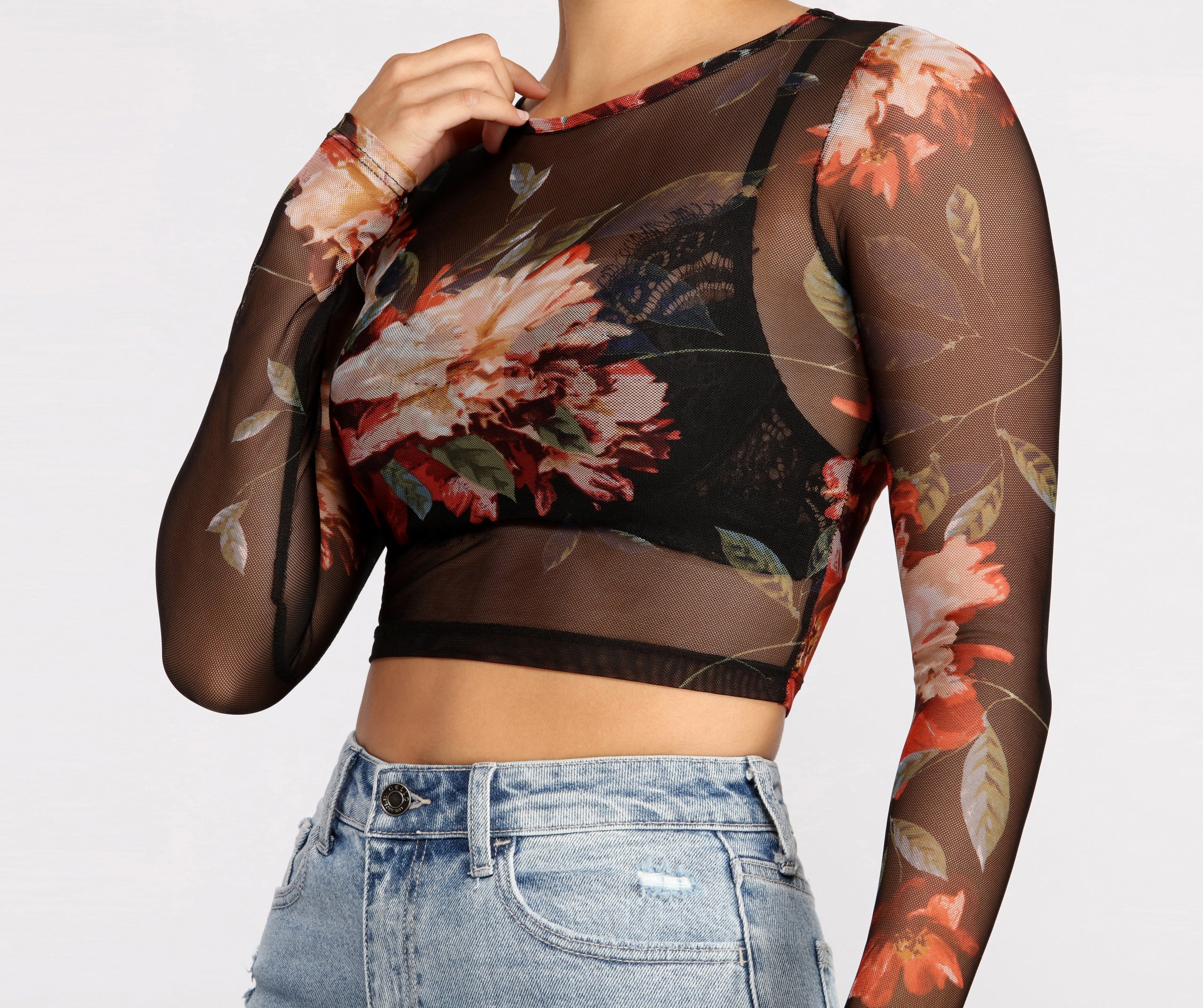 Lookin' Fine In Floral Mesh Crop Top