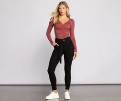 Ruched V Neck Jersey Knit Crop Top