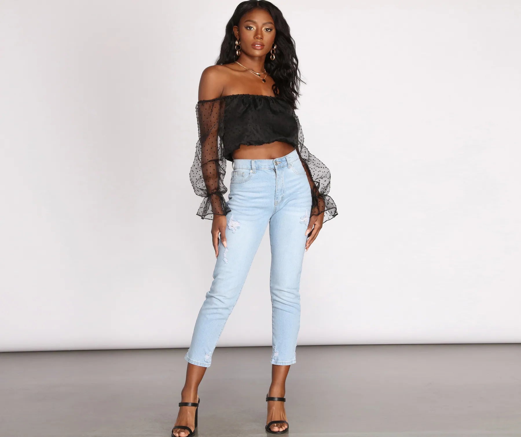 Sheer For This Organza Sleeve Off Shoulder Crop Top