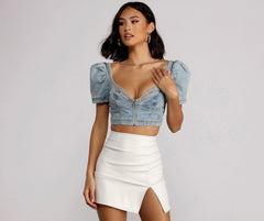 Good Vibes Cropped Denim Puff Sleeve Top