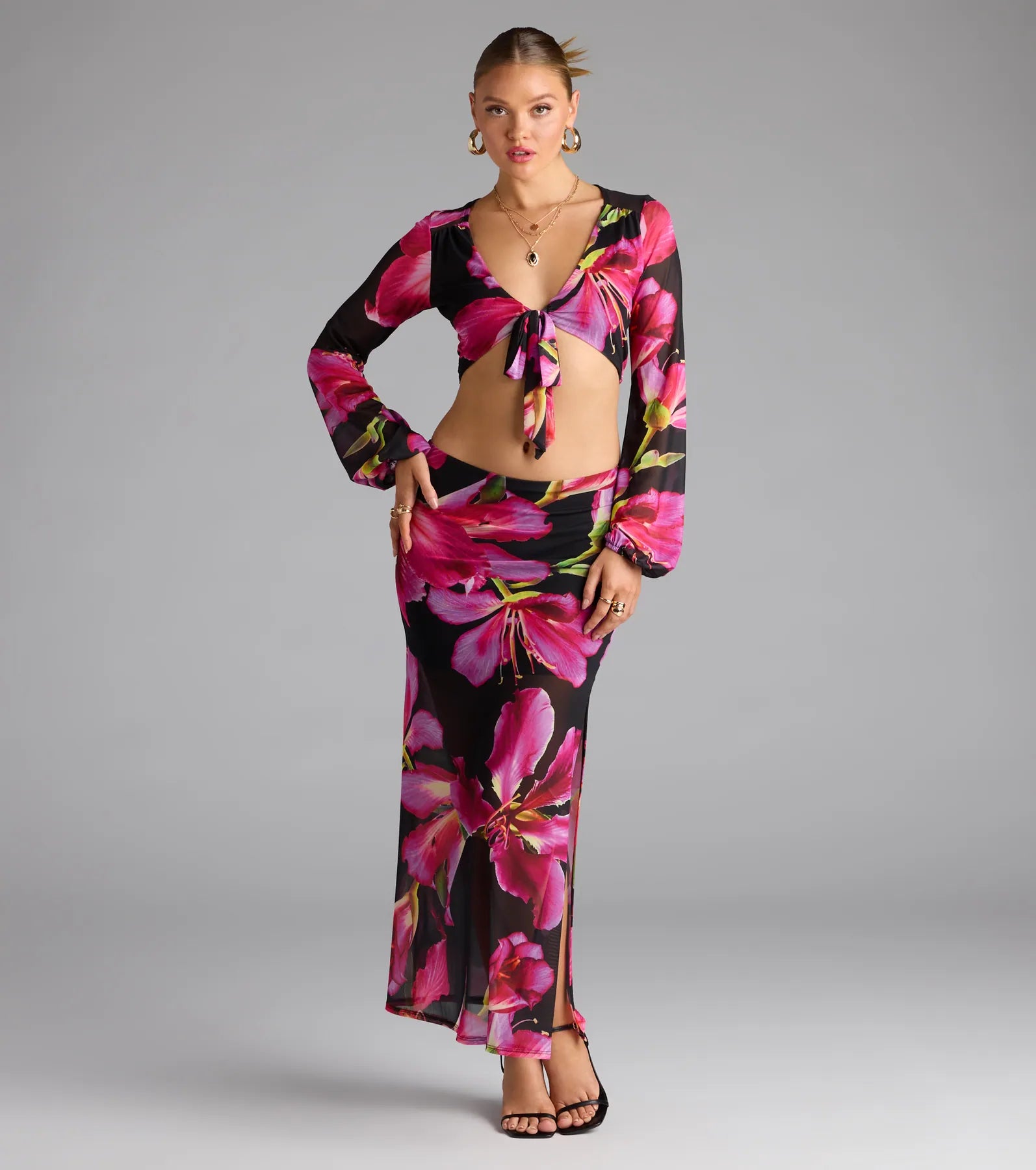 Vacay Queen Tropical Floral Mesh Tie-Front Top